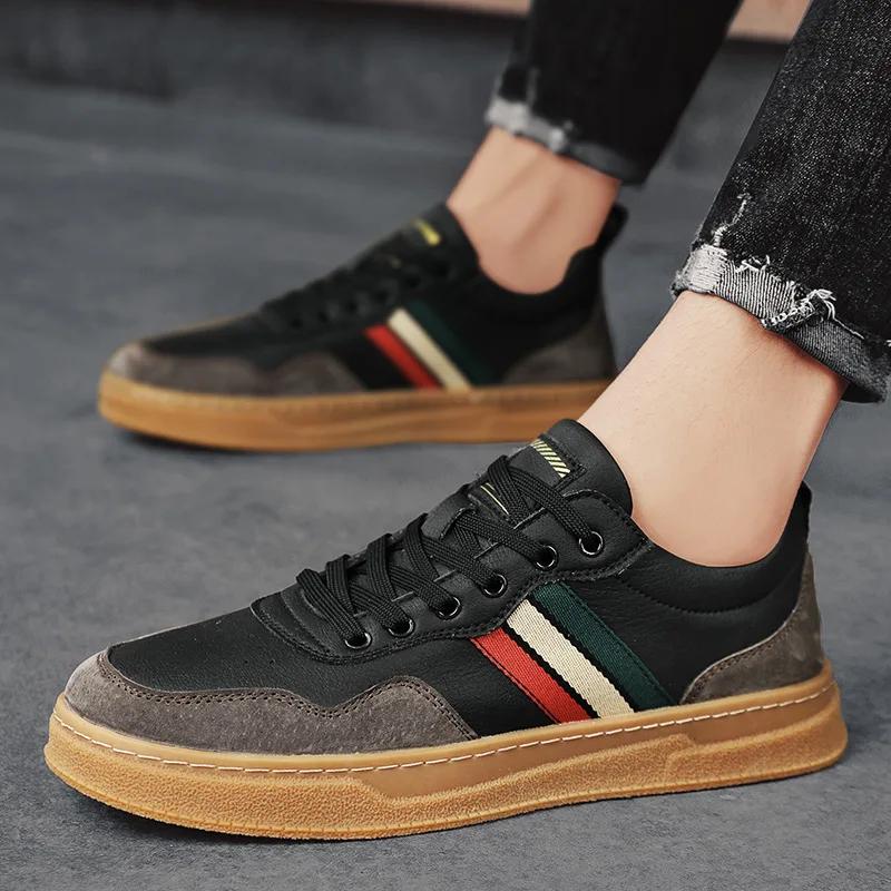 Brand New Men Genuine Leather Casual Shoes Spring Autumn High End Striped Flat Skate Shoes Young Man Cool Lace-up Sneakers