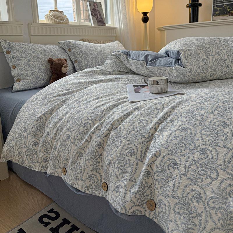 Retro Floral Linen Bedding Set: Autumn & Winter 4-Piece with Button Duvet Cover & Sheet
