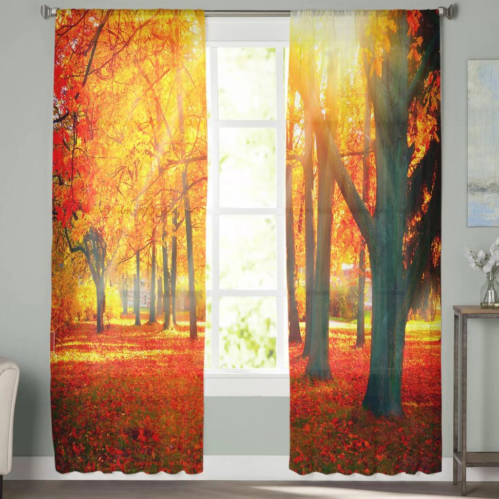 Maple Leaf Autumn Forest Landscape Tulle Curtains Living Room Bedroom Decoration Voile Window Party Drapes Curtain Sheer Polyester Ideal For Area