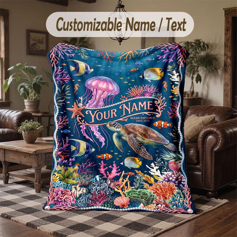 Mermaid Theme Throw Blanket Custom Name Text Personalized Blanket Soft Cozy Blanket for Home Sofa Bed