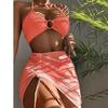 Maiô feminino estilo europeu-americano dividido, cor sólida, cor sólida, sexy, pescoço, pendurado, três peças, biquíni, moda praia