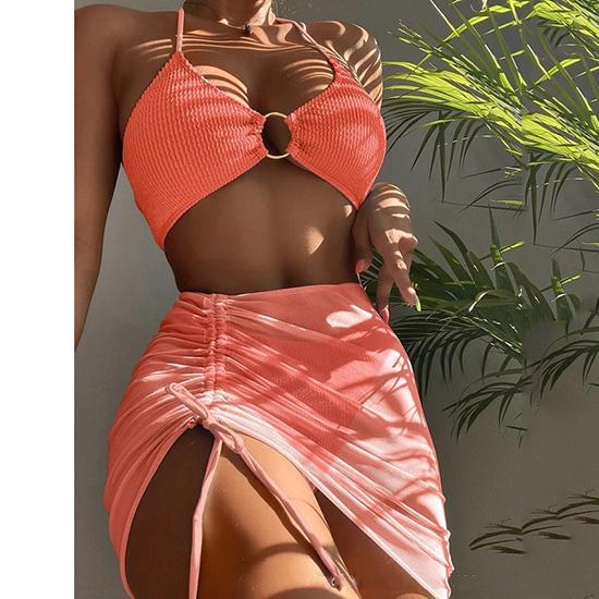 Maiô feminino estilo europeu-americano dividido, cor sólida, cor sólida, sexy, pescoço, pendurado, três peças, biquíni, moda praia