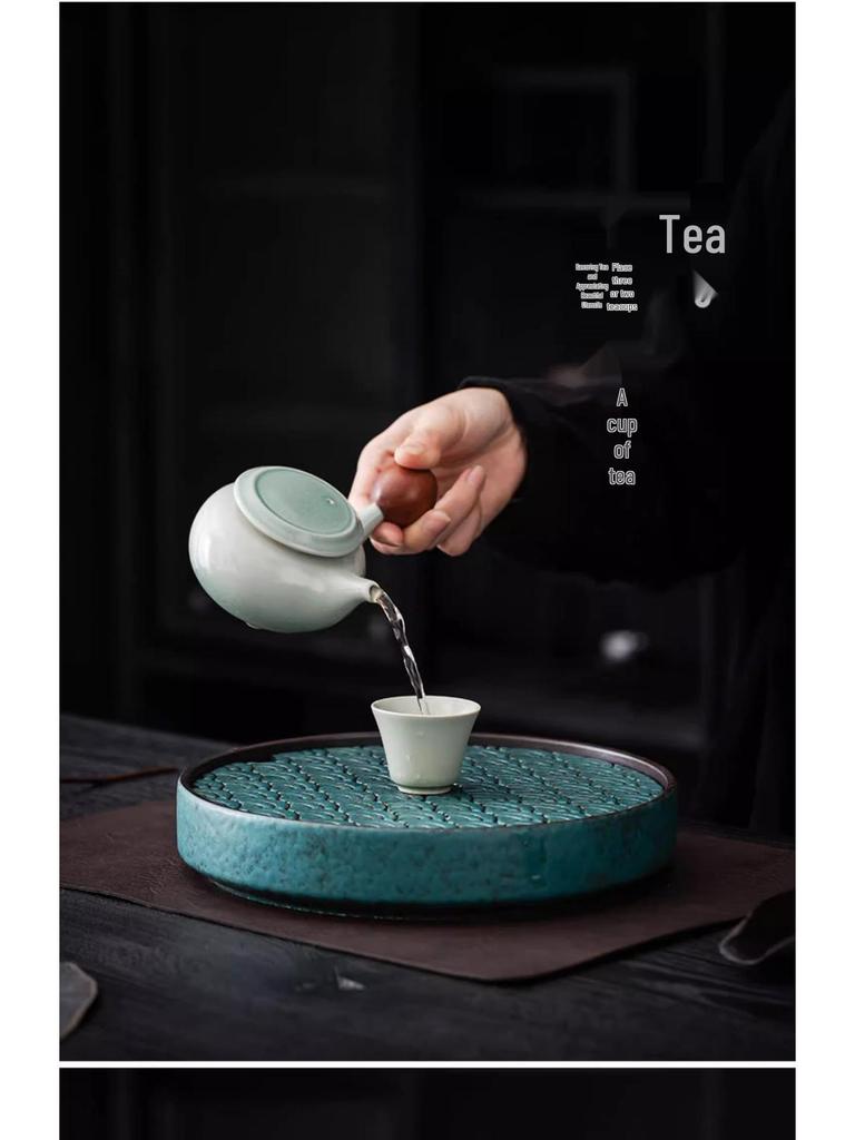 Round Ceramic Tea Tray: Chinese Retro Kung Fu Tea Set, Dual-Use Dry & Wet Brewing Table with Water Storage.