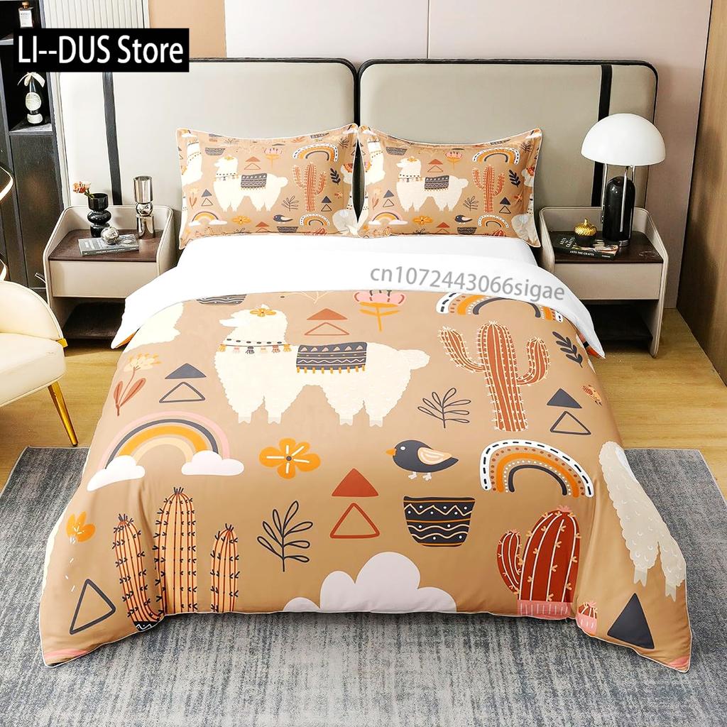 Lovely Cartoon Alpaca Llama Cactus Print Boys Girls Duvet Cover Set Full Size For Kids Teen Bedding Set Comforter Cover Decor