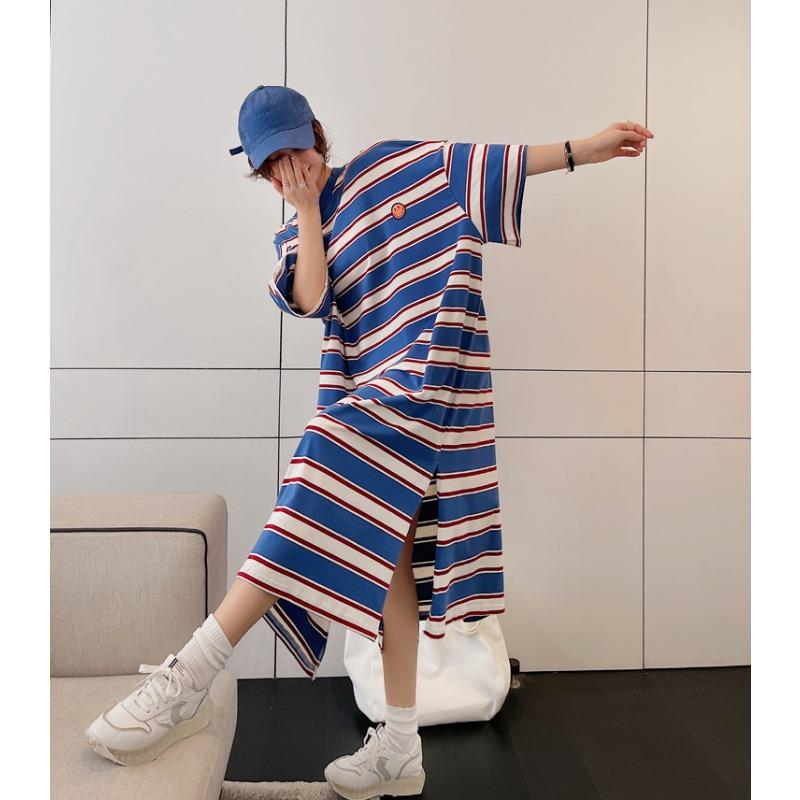 Dimanaf Vestido de Verano Talla Grande para Mujer Suelto Manga Corta Rayas Suaves Casual Básico Sobredimensionado Vestido Largo