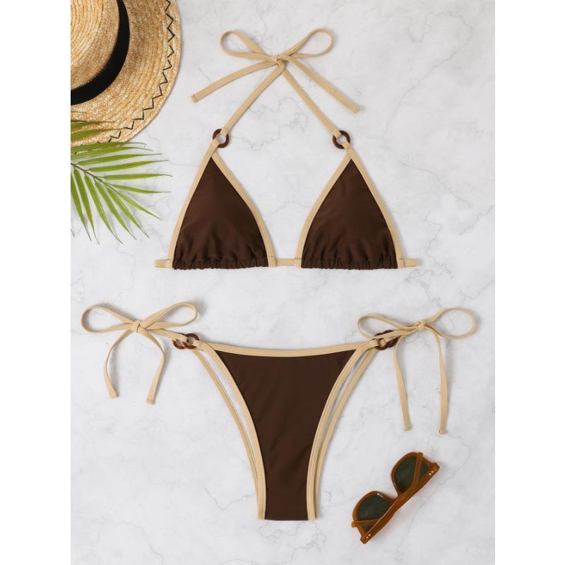 Women Sexy Solid Color Lace Up Two Piece Triangle Bikini Swimsuit