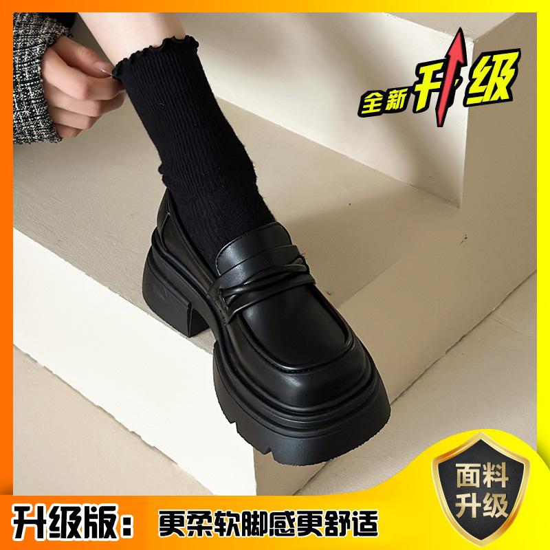 Platform loafers women's shoes 2026 new popular heightening women's shoes British style small leather shoes women's black single shoes