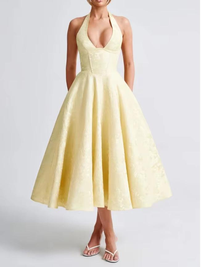 2026 Women's Exquisite Jacquard Halter Deep V High Waist A-line Dress