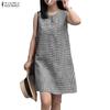 ZANZEA Women Casual Round Neck Summer Plaid Print Sleeveless Dress