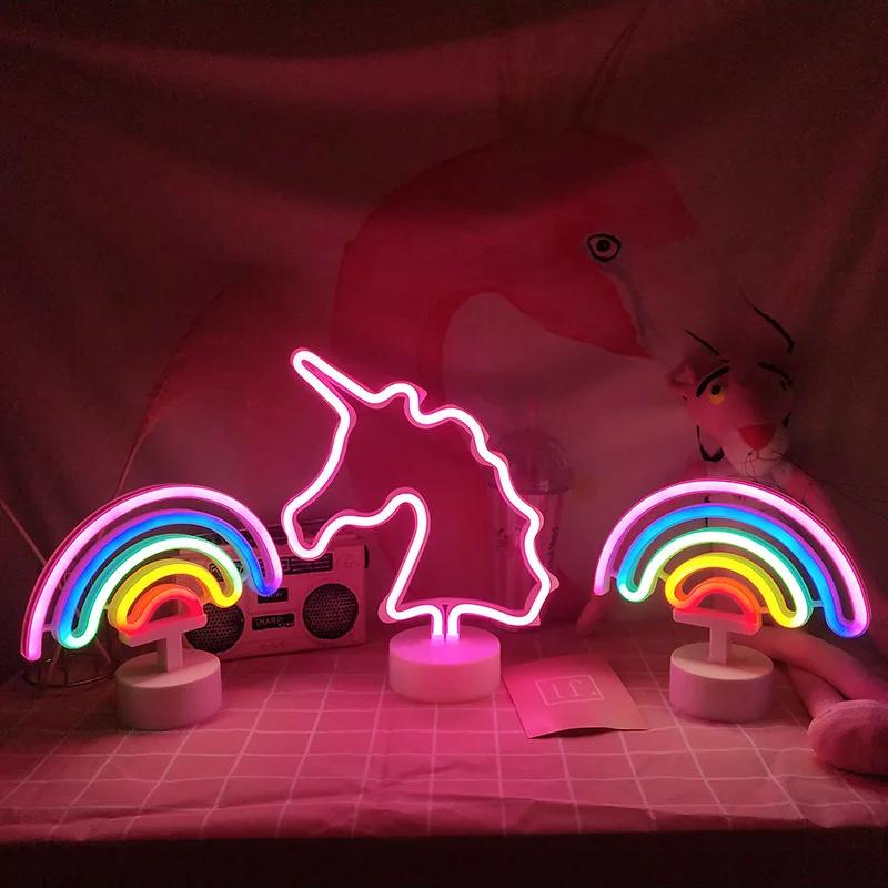 Ins Girl Heart Rainbow Unicorn Neon Light Bedroom Ornament Small Night Light Room Decoration Desk Lamp Gift