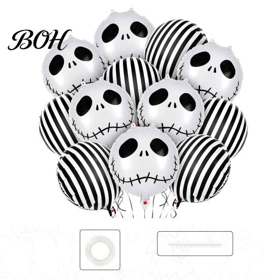 Table Decoration Supplies 12PCS Halloween Skull Balloon Set, Aluminum Foil Balloons, Black And White Reusable Mylar Balloons Striped Realistic