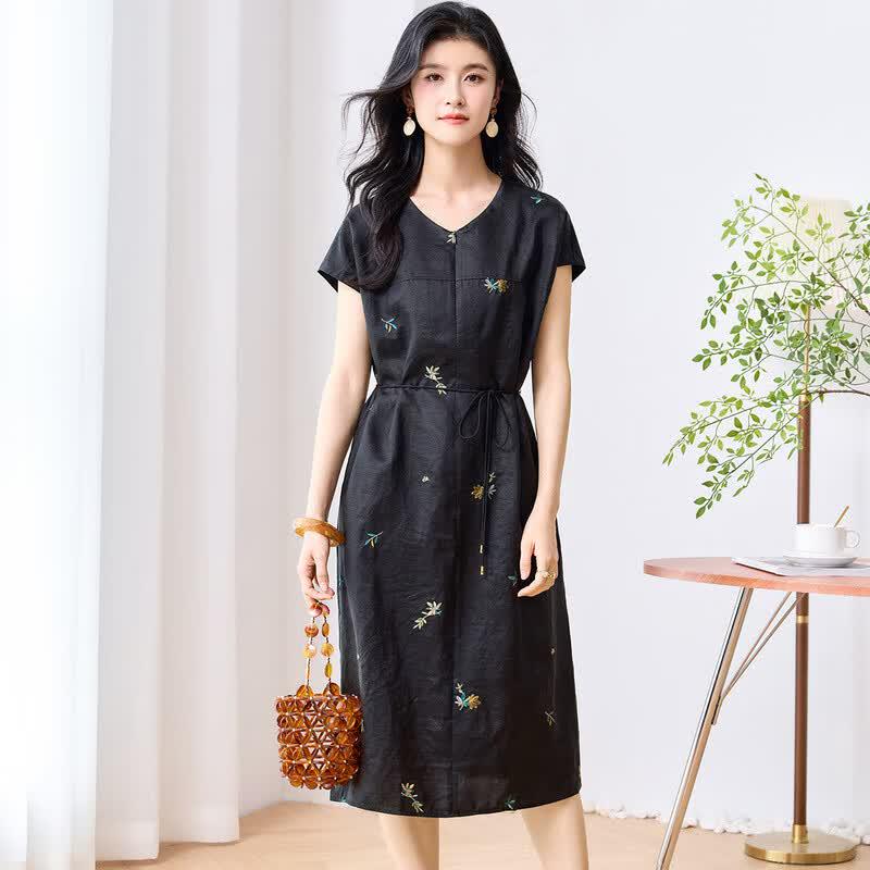 Golden Chrysanthemum Embroidered 100% Mulberry Silk V-Neck Midi Dress XL чёрный