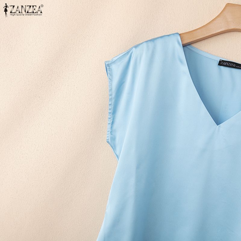 ZANZEA Womens Casual V-Neck Solid Color Drawstring Hem Loose Short Sleeve Blouse