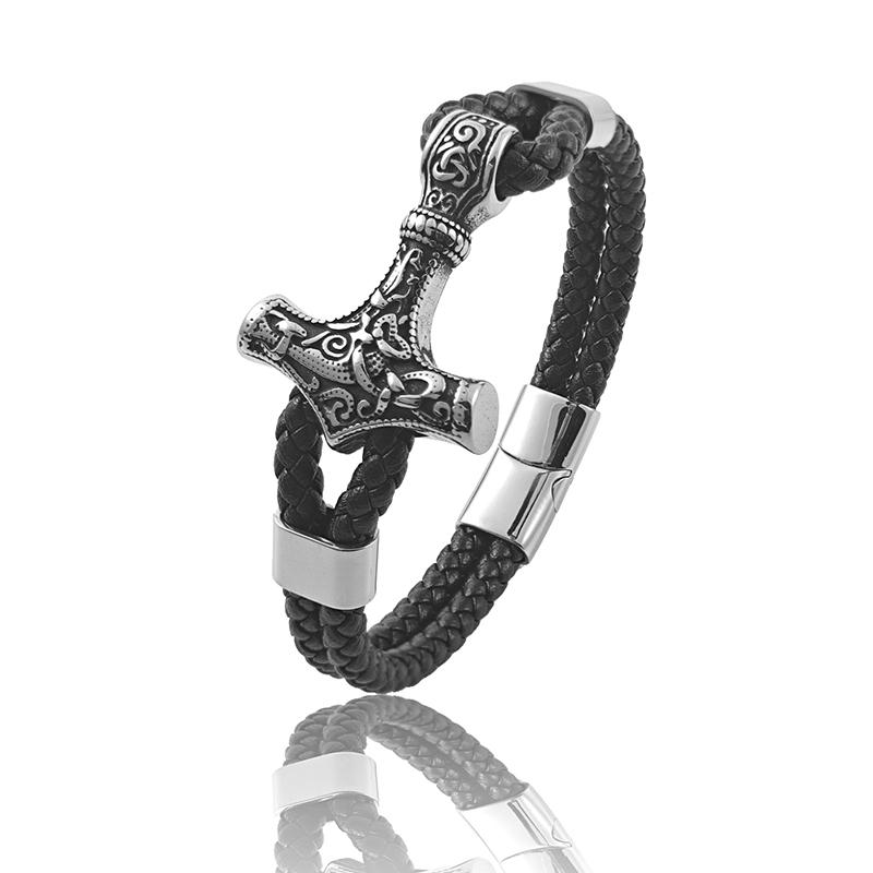 

Two-layer Stainless Steel Thor s Hammer Men s Leather Bracelet 2 Color Hand-woven DIY Size Daily Wear Charm Gift Dropshipping 22cm срібний