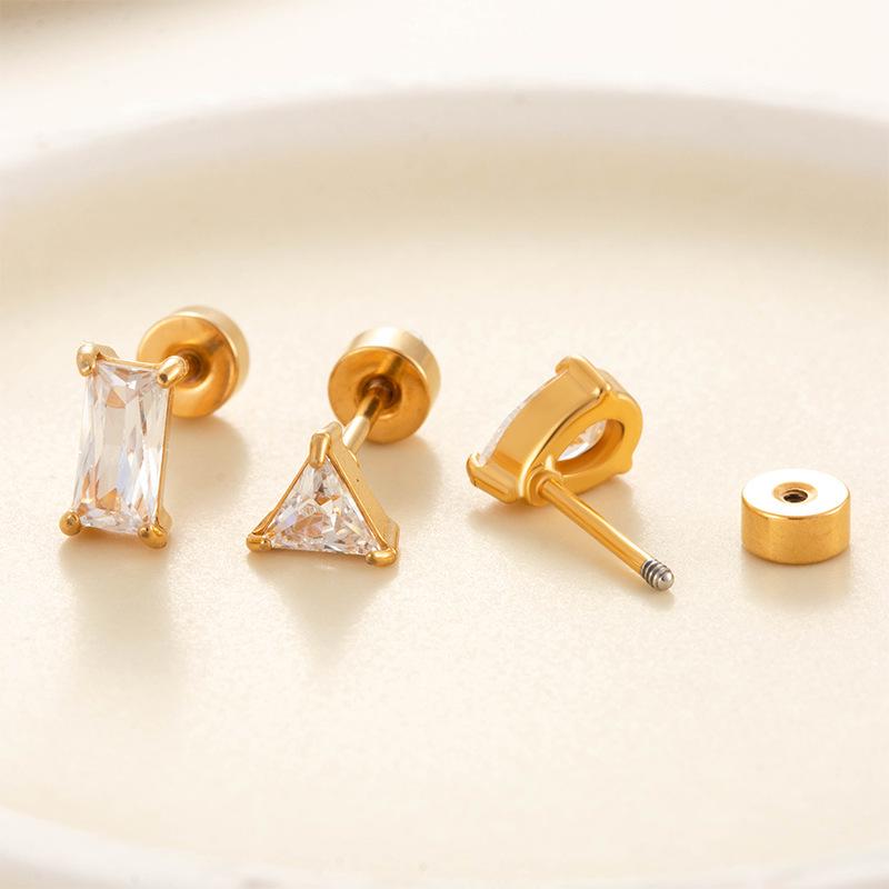 18K Gold Zirconia Stud Earrings - Niche, Simple, Colorfast Titanium Stainless Steel Ear Jewelry