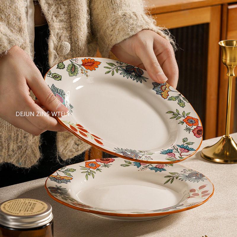 1pc Thickened Ceramic Plates Household Exquisite Noodle Bowls Chinese Ceramic Fruit Salad Plates Kitchen Tableware Accessories