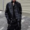 Y2K Style PU Leather Jacket Men Loose Fit Stand Collar Zipper Front Outerwear Casual Streetwear