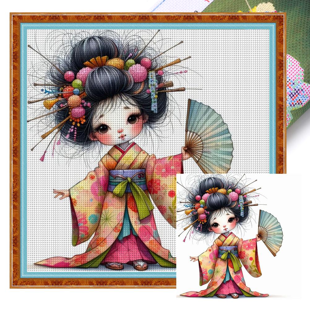 Kit de point de croix Art Broderie complète Fil de coton écologique 11CT Imprimé Geisha