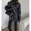 Womens Fashion Casual PU Jacket Stand Collar Double Breasted Slim Fit Street Style Outerwear