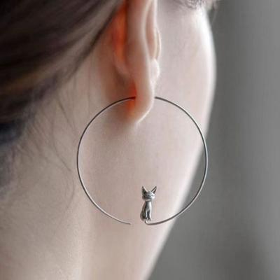 Exquisite Creative Cartoon Stereo Sliver Color Kitten Cat Big Hoop Earring for Women Personality Cute Animal Pets Jewelry Gift