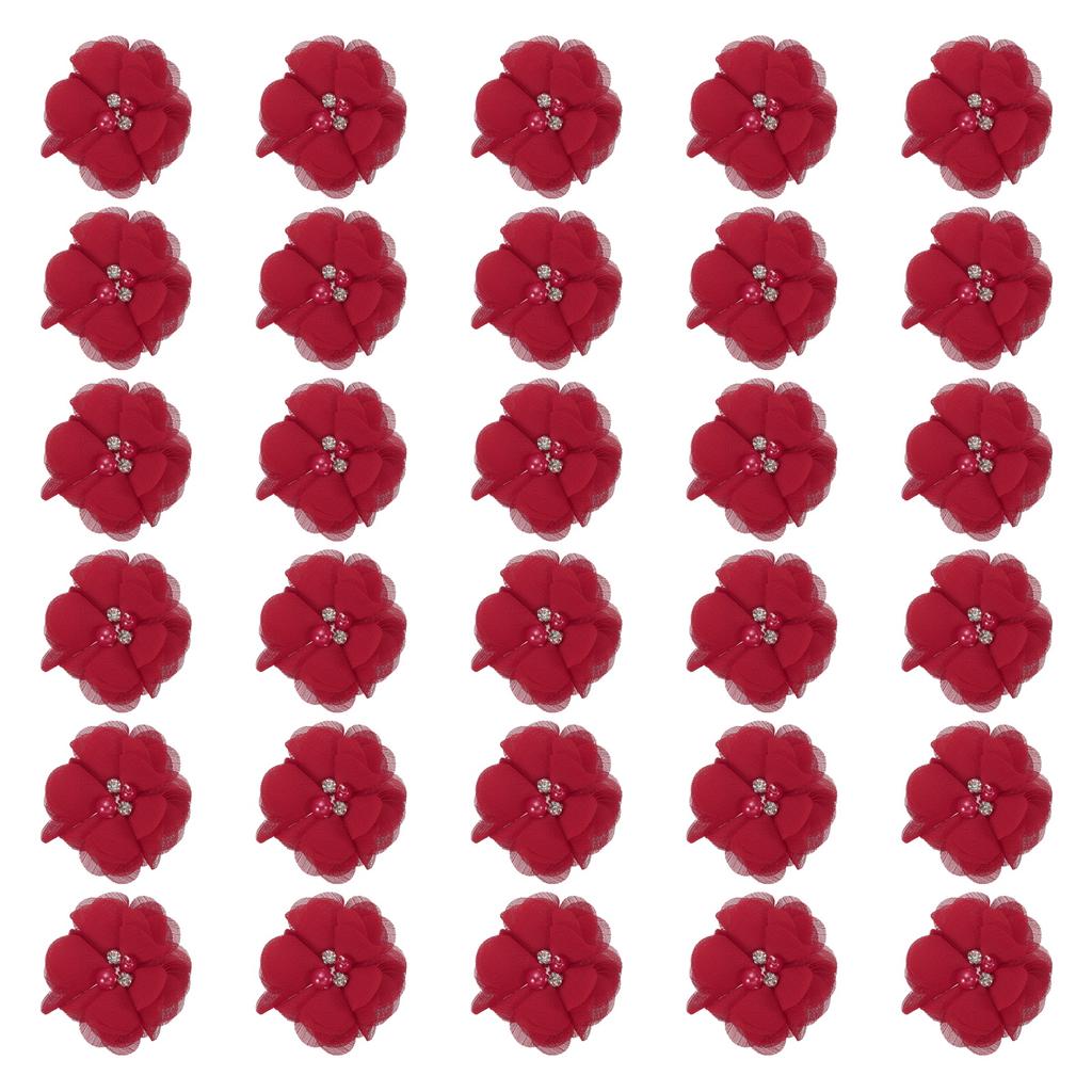 12/30pcs Chiffon Flowers Rhinestone Pearl Sewing Fabric Flowers Artificial Appliques Embellishment for Clothing Wedding Craft 2"