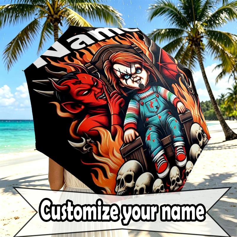 Custom Name Personalized Bride of Chucky Print Umbrella, Auto Open Close, 8‑Rib Sturdy Frame, Commute Camping Hiking Use, Birthday Gift