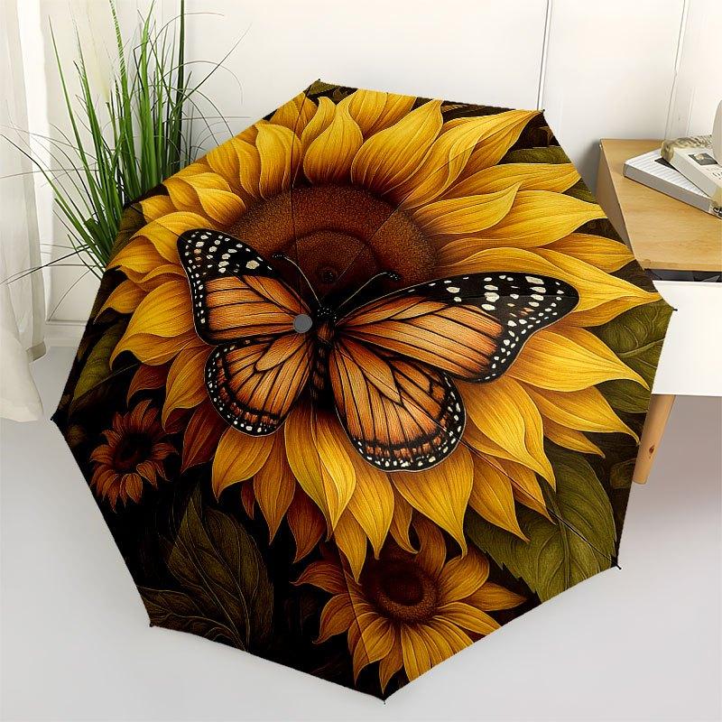 Sunflower Butterfly Garden Art Print Umbrella, Cute Umbrella with Cute Design, Portable 3-Fold Compact Umbrella for Men & Women, Valentine s Day Mothe