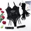 Bodysuit Women Sexy G-String Garter Belt Mesh See-Through Erotic Underwear Lace-Up Splicing Slim Three-Piece Set With Gloves
