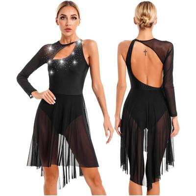Women Lyrical Dance Dress One Shoulder Contemporary Modern Dance Costume Mesh Latin Dance Wear