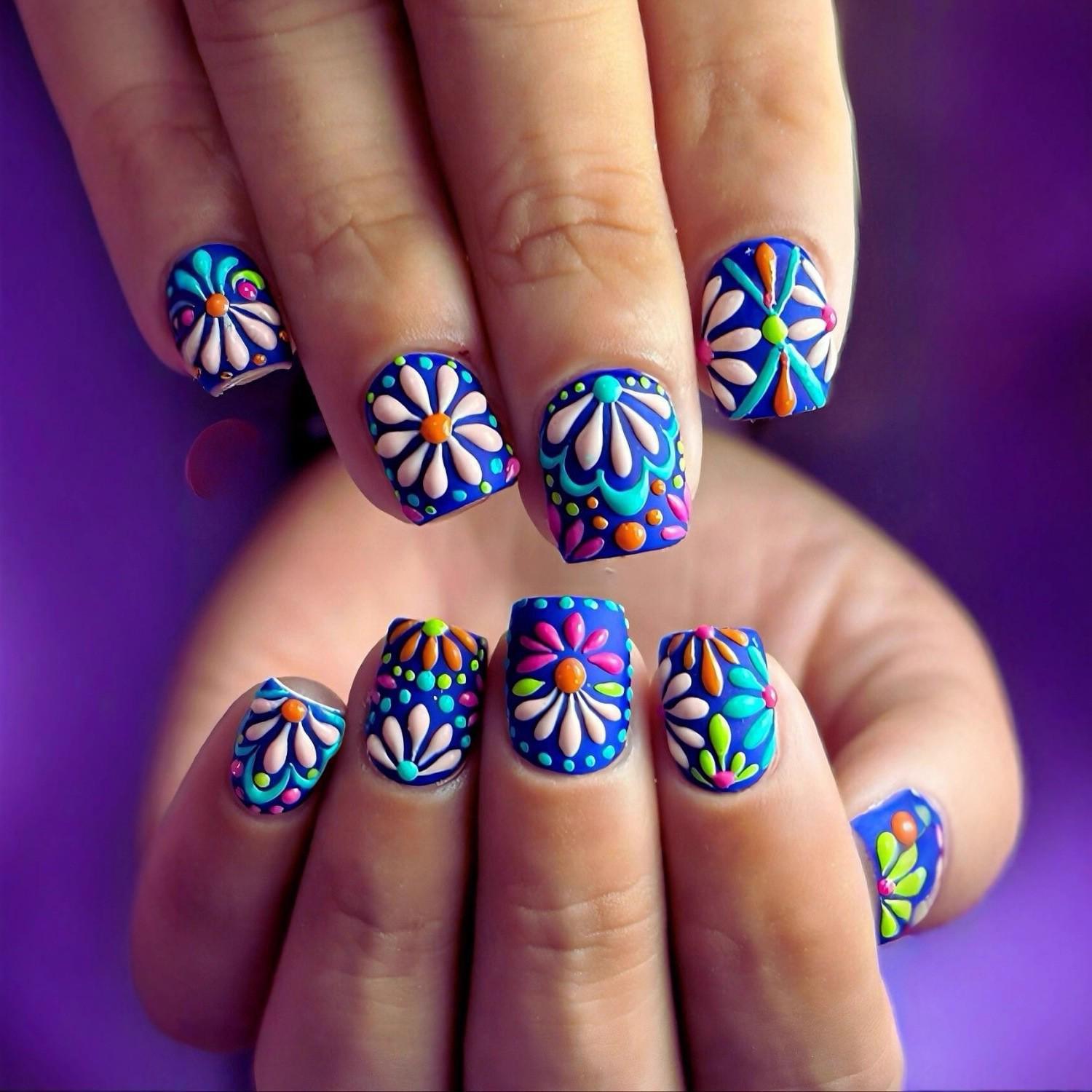 Королевский синий 3D тисненые разноцветные квадратные накладные ногти