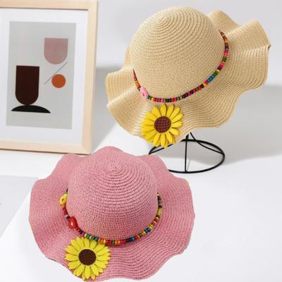 Cappello da Sole per Bambini e Bambine Design Blocca-Sole Traspirante Cappello da Spiaggia a Falda Ondulata Fiori Gialli Perline Intreccio Cappello di Paglia