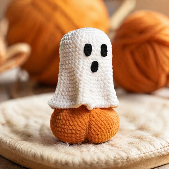 Handcrafted Wool Toy 2 Pcs Crochet Ghost And Pumpkin Set, Handmade Knitted Halloween Creative Photo Props Dolls, Funny Desk Decoration, Quirky