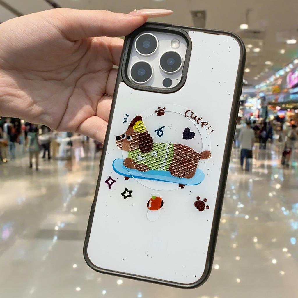 For iPhone 16 Pro Magnetic Case TPU PC Phone Cover with Skateboarding Dachshund Backplate