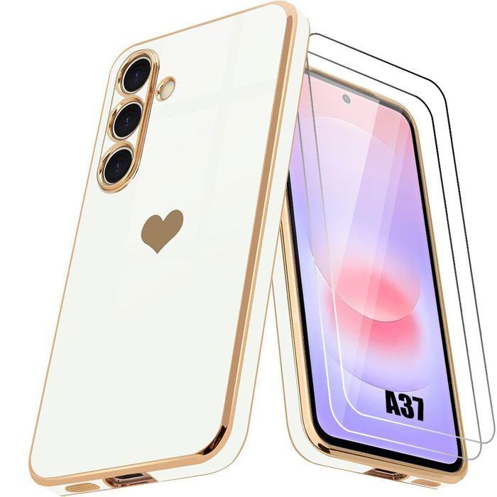 Coque Silicone - BOOLING - pour Samsung Galaxy A37 5G - Motif Cœur - Blanc - 2 Verres Trempés
