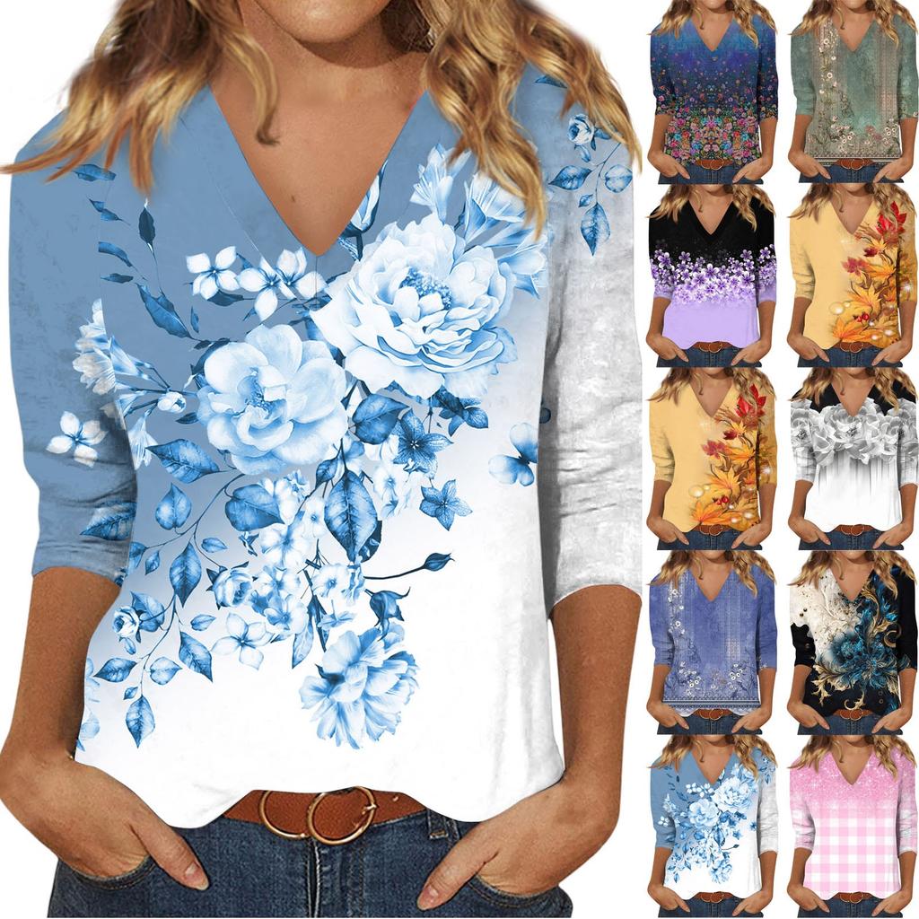 Women's Casual And Fashionable Flower Printing V-Neck Top With Seven Quarter Sleeves