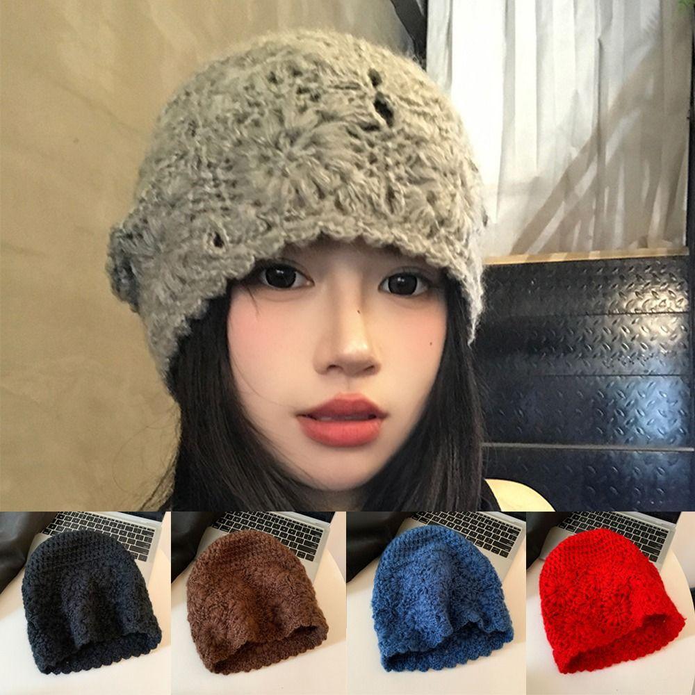 Hollow Mesh Knitted Hat Handmade Crochet Skullies Cap Retro Bucket Hat For Women