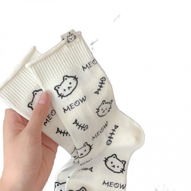 Kitten Autumn Socks Women'S Korean Cute Cartoon Trendy Socks Versatile Boneless Mid-Tube Socks Comfortable Women'S Socks
