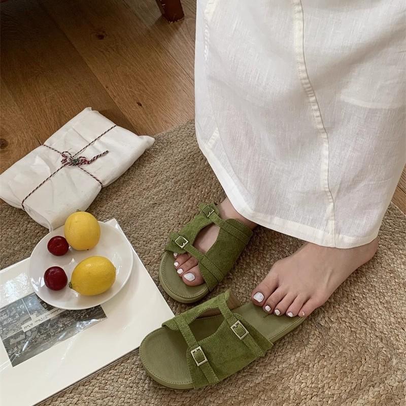 Korean Silver Slippers Women's Summer Wear New French Retro One-word Sandals Holiday Seaside Beach Flat Sandals