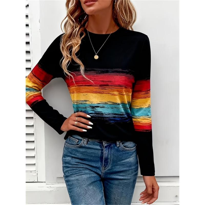 Women's new fashion casual round neck striped printed long-sleeved T-shirt