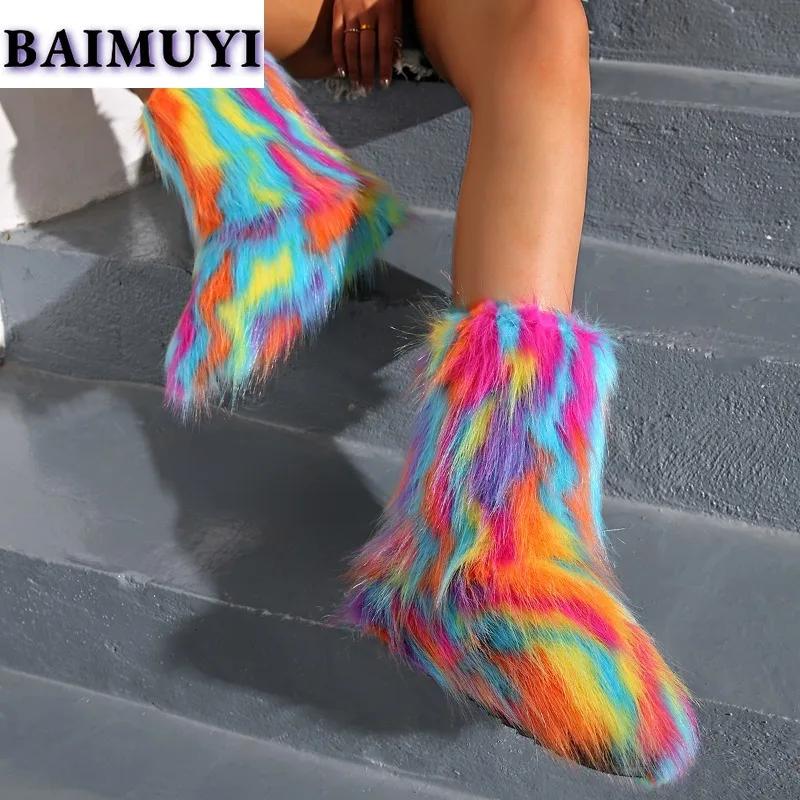 Luxusní chlupaté dámské kotníkové sněhule s plochou platformou, zateplené kožešinou, značkové zimní boty 2025, trendy designérské dámské plyšové kotníkové boty