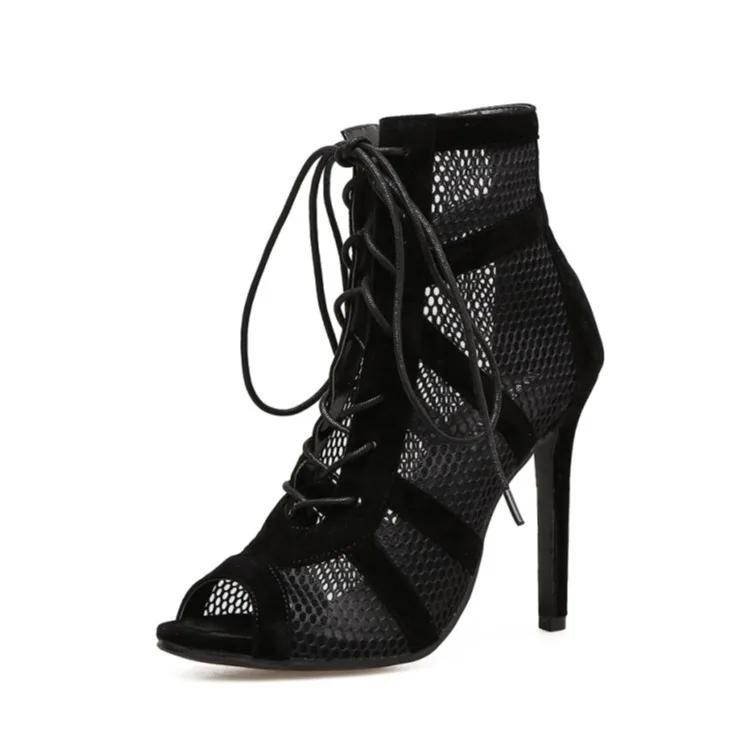 

Fashion Black Net Fabric Cross Strap Sexy High Heel Sandals Woman Shoes New Fashion Show Pumps Lace-up Peep Toe Sandals Casual Mesh 35 чёрный