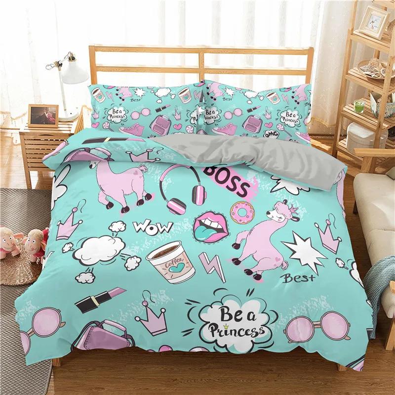 Cartoon Alpaca Duvet Cover King Queen Size Lovely White Animal Bedding Set for Kids Tropical Cactus 2/3pcs Polyester Quilt Cover