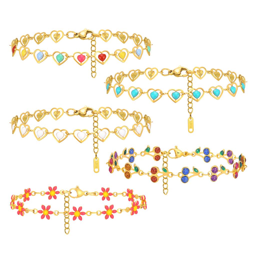 Trendy Bohemia Colourful Drip Glue Beads Chain Bracelet for Women Stainless Steel Beads Bracelet Girl Gift,Heart-shaped Chain