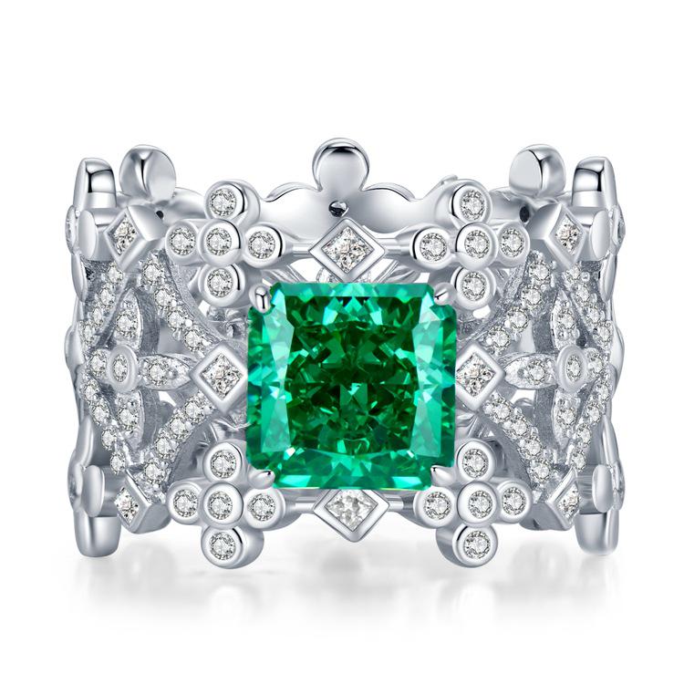 Lulu Tong 2022 S925 Silver Lace Geometric Ring with 8 Carat Green High Carbon Diamond