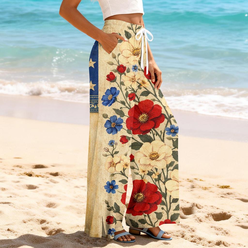 Dámské letní boho palazzo kalhoty s vysokým pasem a širokými nohavicemi, tisk, ležérní kalhoty s kapsami