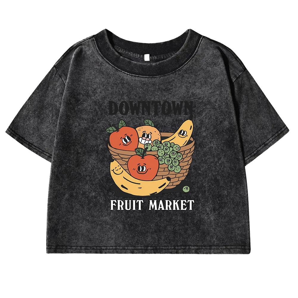 Banana Apple Grape Fruit Basket Slogan Prints Female T-Shirt Washed Short Sleeve Slim Tee Shirts Cotton Crop Top
