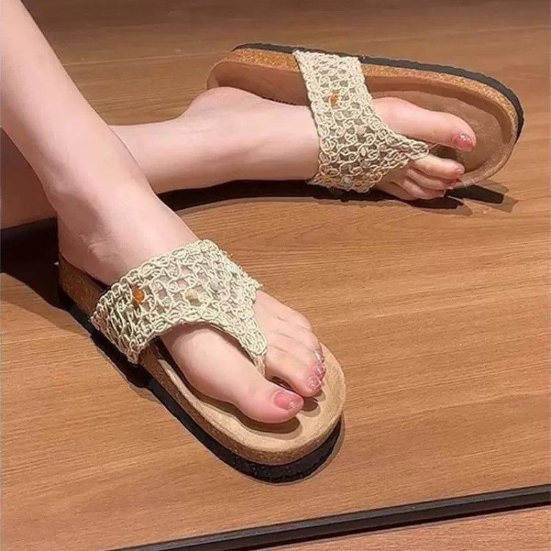 Woven flip-flops women's summer new versatile fashion pinch Birkenstock slippers flat bottom toe sandals women