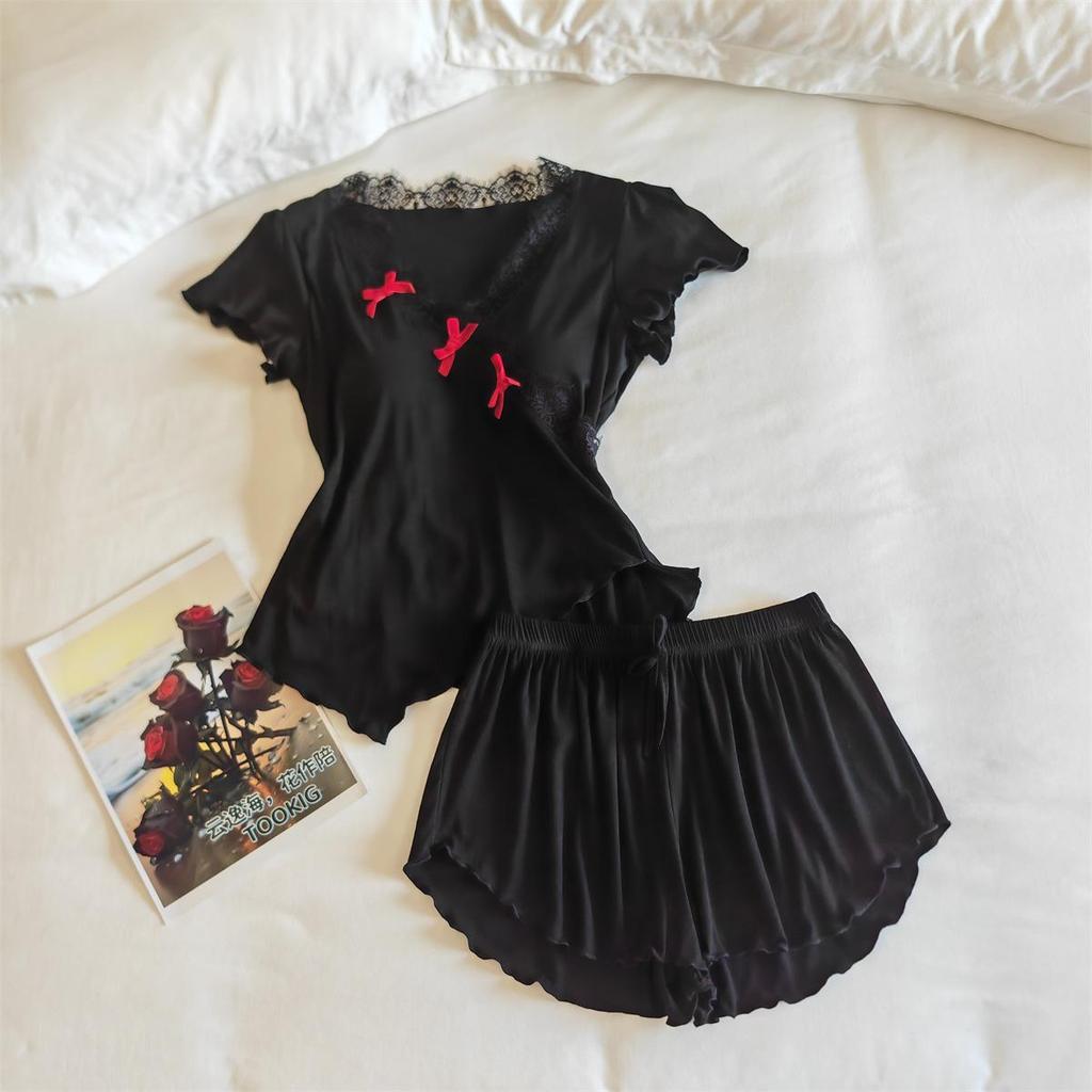 Women's Modal Pajama Set: Short-Sleeved with Built-in Bra, Includes Shorts and Long Pants for Spring/Summer