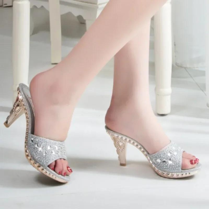Mode 2024 Sommer Neu Luxus Strass Designer Damen High Heels Kristall Bankett Party Elegant Kleid Slingback