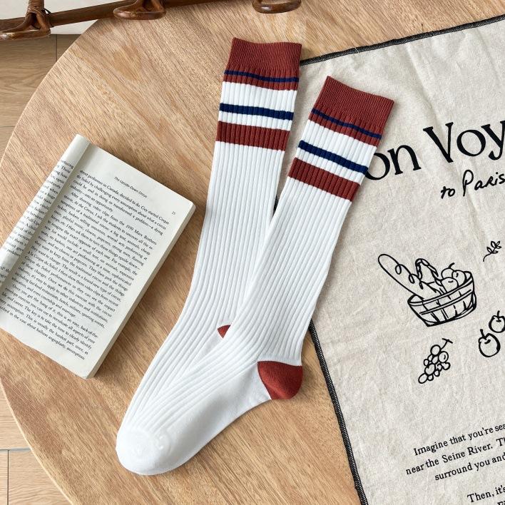 White Double Needle Striped Calf Socks Combed Cotton Japanese Retro Women'S Medium Tube Socks College Cotton Socks